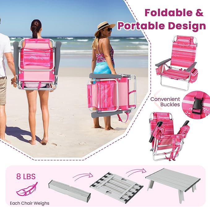 Goplus Beach Chair, Folding Backpack Beach Chairs for Adults with 5 Positions, Head Pillow, Cooler Bag, Towel Bar, Cup Holders, Sunbath Sling Tanning Lounge, Foldable Layout Camping Chairs
