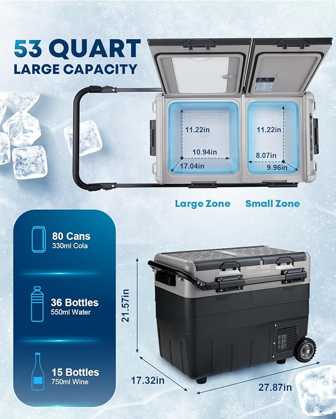 Kohree 12V Car Refrigerator, 53 Quart (50L) Portable Refrigerator, Dual Zone -4℉-68℉ Car Fridge Portable Freezer 12/24V DC and 100-240V AC for RV, Camping,Travel