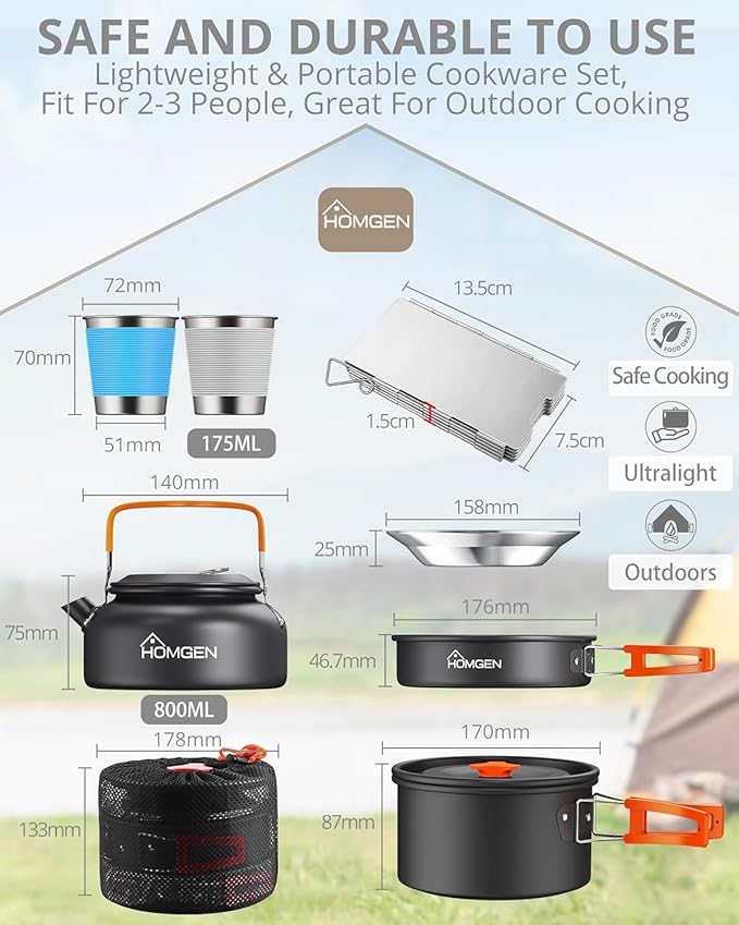 HOMGEN 17-Piece Camping Cooking Set with Stove Windshield & 2 Plates - Lightweight Aluminum Nesting Pot/Frying Pan Teapot - Complete Camping Mess Kit for Backpacking Picnics Outdoor Cooking Camping