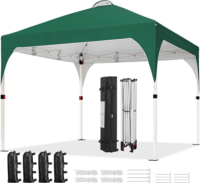 Yaheetech 10x10 Pop Up Canopy Tent with Vent, Easy Set Up Tent, Instant Sun Shelter Canopy with Wheeled Bag, 4 Sandbags, 12 Stakes & 4 Ropes, for Parties, Beach, Outdoor, Dark Green