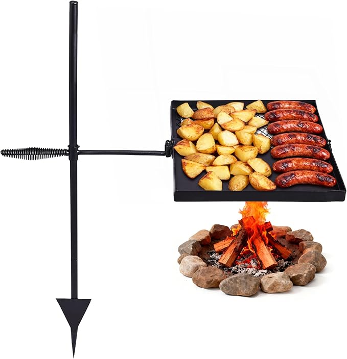 VINGLI Swivel Camping Firepit Grill, Foldable Campfire Steel Grate w/Griddle & Storage Bag, 360° Adjustable, Open Fire Outdoor Cooking Equipment, Parties, Activities, Families Use 32'' x 25''