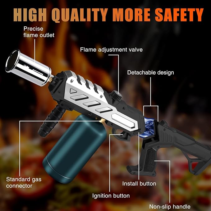 Adjustable Propane Torch Gun – High-Temperature Flame Thrower for Soldering, Welding, Gardening, and Outdoor Cooking – Detachable Design, Easy to Use and Portable (Silver-Black)