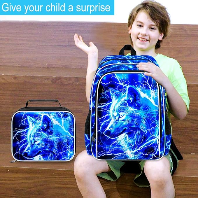 3Pcs Wolf Backpack for Boy, 17" Lightning Bookbag for Elementary Preschool Kindergarten, Kids School Backpacks with Lunch Box (Blue)