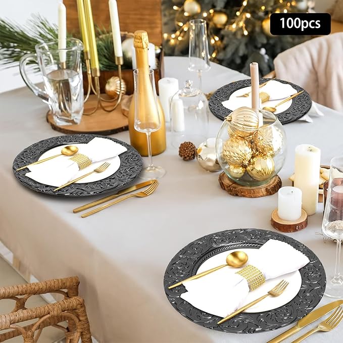 CNCEST 100 PCS Antique Charger Plates Bulk 13'' Plastic Embossed Dinner Plate Chargers Round Floral Plates for Wedding Decorative Chargers for Table Dinner Kitchen Party Decoration (Black)