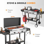 ROVSUN 2-in-1 Propane Stove & 30'' Griddle Combo with Ignition, 2 Burner 150,000 BTU Gas Stove & Grill with Side Shelves, Rolling Wheel & Regulator for Home Outdoor Backyard Camping Cooking Grilling
