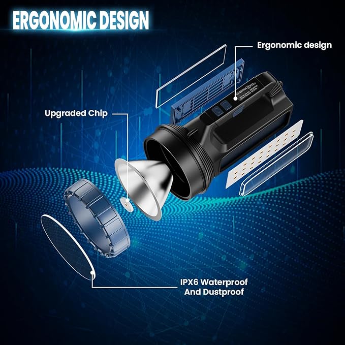 Solar Flashlight，Solar Powered Flashlight for Multi Function 8000 Lumens with Emergency，Portable Bright Camping Rechargeable Flashlights for Home, Outdoor Hiking, Power Outages（2pcs）