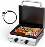 ROVSUN 2 Burner Portable Propane Griddle with Enameled Tray & Lid, 20,000 BTU Tabletop Flat Top Gas Grill with Electronic Ignition & Regulator for Outdoor Cooking Camping BBQ Tailgating Picnicking