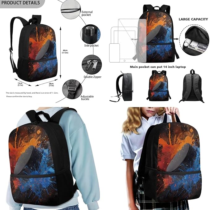 Rnyleeg Hockey Backpack for Boys with Lunch Box Large Capacity School Backpack for Teens 3 Pcs Bookbag Set for Primary School Casual Rucksack for Camping
