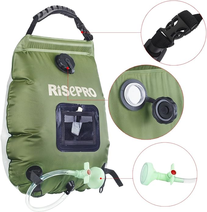 Solar Shower Bag, RISEPRO 5 gallons/20L Solar Heating Premium Camping Shower Bag Hot Water with Temperature 45°C Removable Hose on/Off Switchable Shower Head Hiking Climbing Summer Shower K8