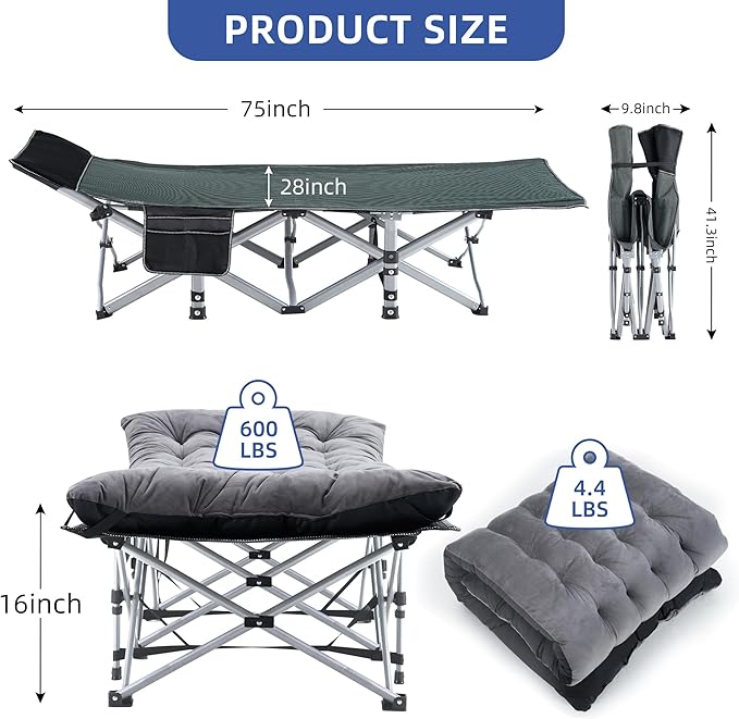 Camping Cot, Sleeping Cots for Adults, Portable Camping cots with Mattress, Pillow and Carry Bag, 1200D Double Layer Oxford, 600 LBS Weight Capacity Cots for Sleeping(Grey+Black)