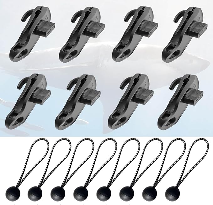 Tarp Clips Clamps Heavy Duty Lock Grip with Bungee Cords, Shark Shade Cloth Backdrop Tent Large Clip with Hook Accessories for Garden Outdoor Pool Cover Tarp Tie Downs Canvas Solar RV Awning