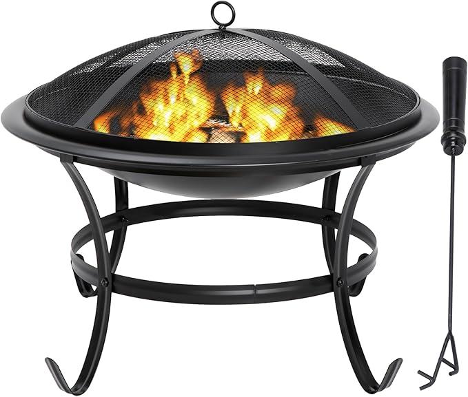 22 Inches Portable Fire Pit Outdoor Wood Burning Steel Lightweight BBQ Grill Firepit Bowl with Log Grate&Poker for Outside Patio Campfire Bonfire Backyard