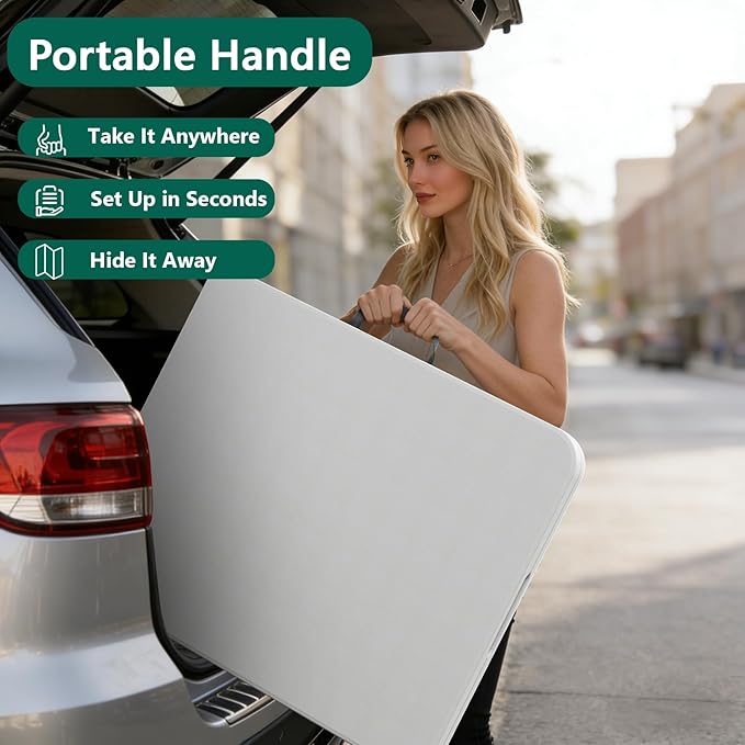 Folding Table 6FT Heavy Duty Plastic Table with Handle, Foldable&Portable, Fold-in-Half Utility Tables for Outdoor, Dining, Wedding, Events, Indoor, Picnic, Camping, Party, White