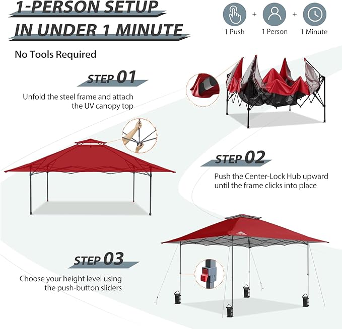 EAGLE PEAK 13x13 Straight Leg Pop Up Canopy Tent Instant Outdoor Canopy Easy Single Person Set up Folding Shelter w/Auto Extending Eaves 169 Square Feet of Shade (Red)