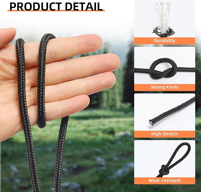 Nylon Rope, 1/3 inch 50FT Nylon Poly Rope Utility Cord Strong Polyester for Camping, Hiking, Clothesline, Tie, Flag Pole, Marine, Outdoor Swing (8mm Black)
