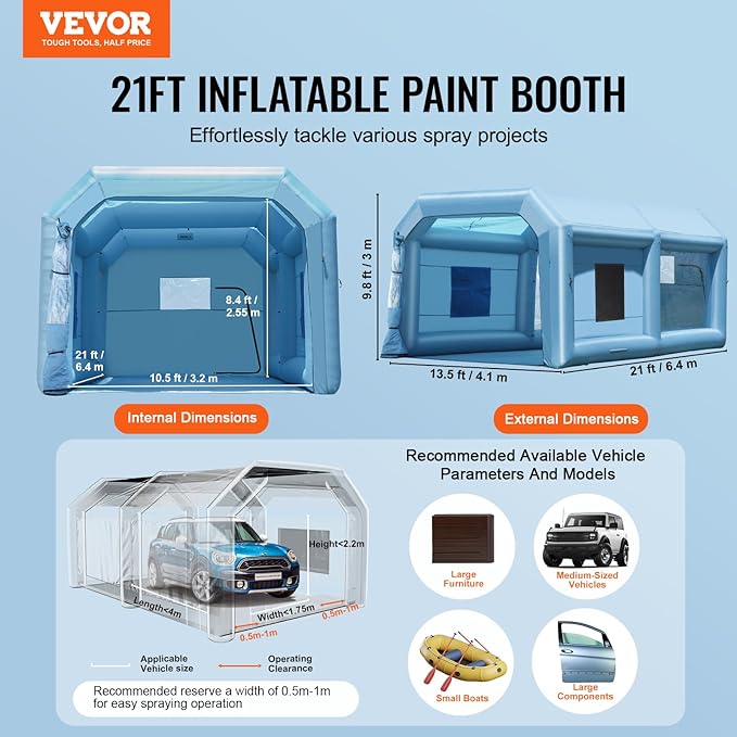 VEVOR Inflatable Paint Booth, 21 x 13.5 x 9.8 ft Inflatable Spray Booth, with 1100W Powerful Blower and Air Filter System, Large Furniture Painting, Portable Car Paint Booth for Medium-Sized Vehicles