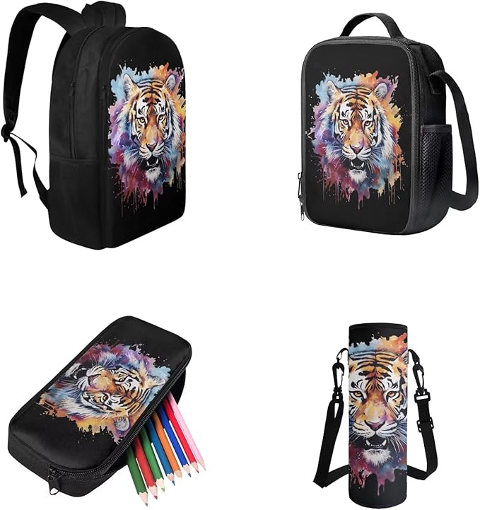 Cool Tiger Backpack Sets for Boys Back to School, 3rd Grade Boys Backpack 4 PCS Set Pencil Case Multifunctional Lunch Box Set Water Bottle Holder for School Study