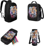 Cool Tiger Backpack Sets for Boys Back to School, 3rd Grade Boys Backpack 4 PCS Set Pencil Case Multifunctional Lunch Box Set Water Bottle Holder for School Study