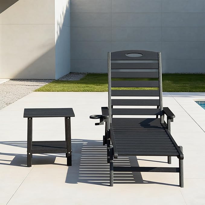 Domi Outdoor Chaise Lounge Chair with Table, HDPE Outdoor Lounge Chair with Reclining Backrest, Patio Chaise Lounger for Poolside, Outside Sunbathing Tanning, Black