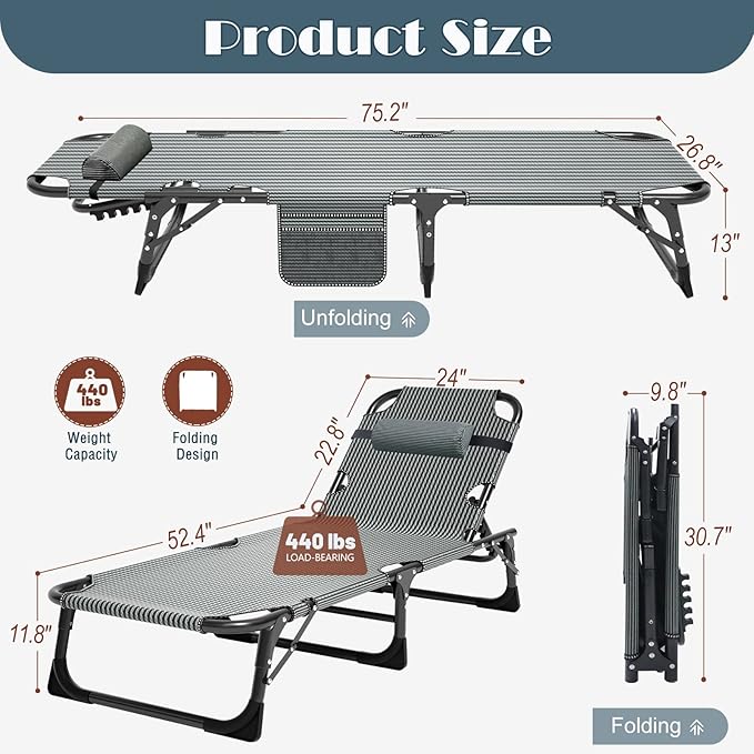 DoCred Heavy Duty Chaise Lounge Chair, Adjustable 5-Position Folding Chaise Lounge Chairs for Outside, Portable Lay Flat Beach Lounge Chair for Outdoor Sunbathing Beach Pool Lawn Camping