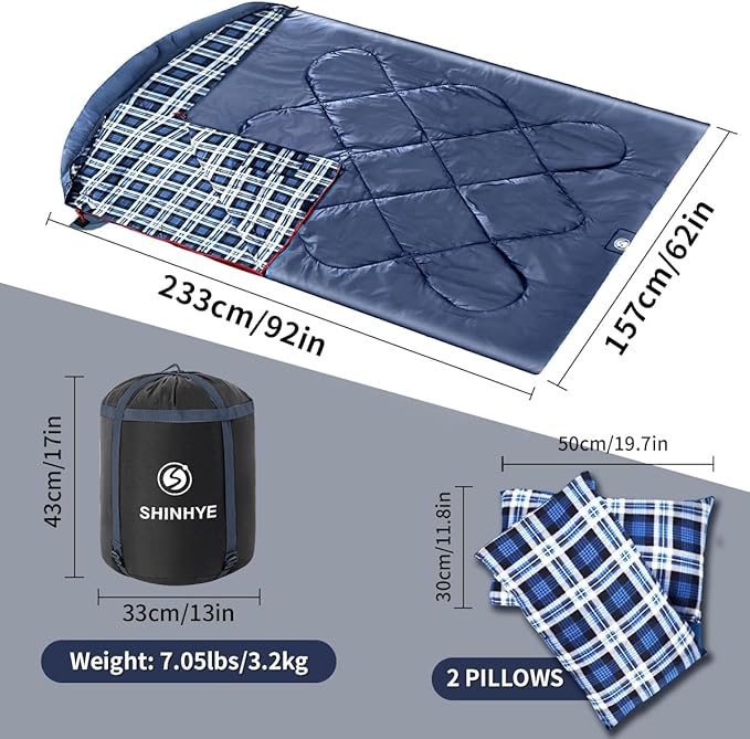 ShinHye Double Sleeping Bag for Adults with 2 Pillows, Camping Sleeping Bags Flannel Cotton 2 Person Sleeping Bags XXL Queen Size Sleeping Bag for Cold Weather