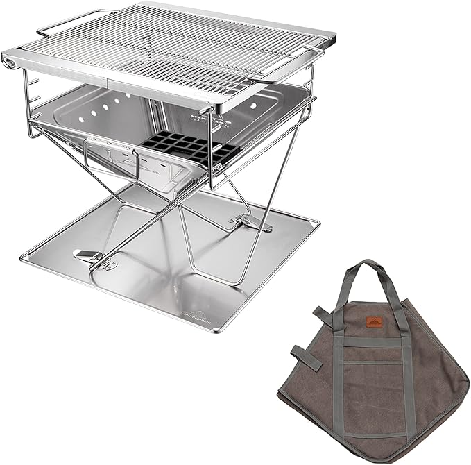 CAMPINGMOON 3 in 1 Flatpack Portable Fire Pit Grill 14 inch Foldable Stainless Steel Wood Burning Camping Stove Adjustable Height Overlanding Outdoor Cooking RV Trips Carry Bag included MT-045