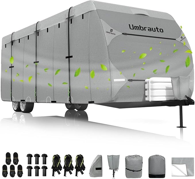 Umbrauto RV Cover Fits 24-27ft Travel Trailer: Lightweight, Waterproof Camper Cover for Toy Hauler, Winter Campsite, with Gutter Covers, Tongne Jack Covers, Windproof Straps