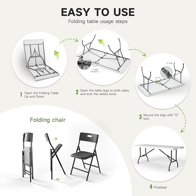 6FT Folding Table Set with 8 Folding Chairs, Heavy Duty 330 lbs Table & 330 lbs Chairs, Portable Folding Furniture Bundle for Camping, Party, Indoor & Outdoor Use