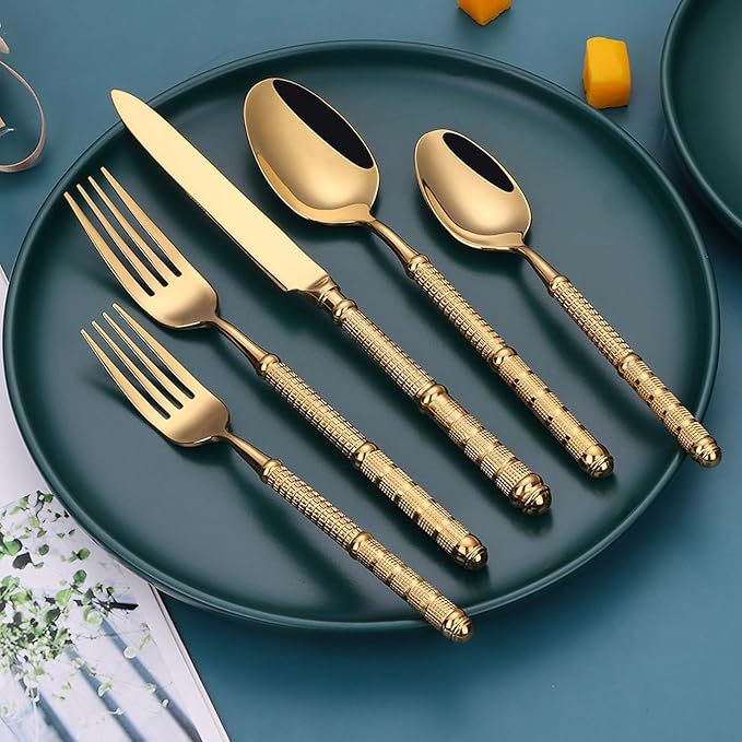 Gold 40 Piece Silverware Set Service for 8,Premium Stainless Steel Flatware Set Vintage Embossed Cutlery Utensil Set Home Kitchen Eating Tableware Set Include Fork Knife Spoon Set Dishwasher Safe