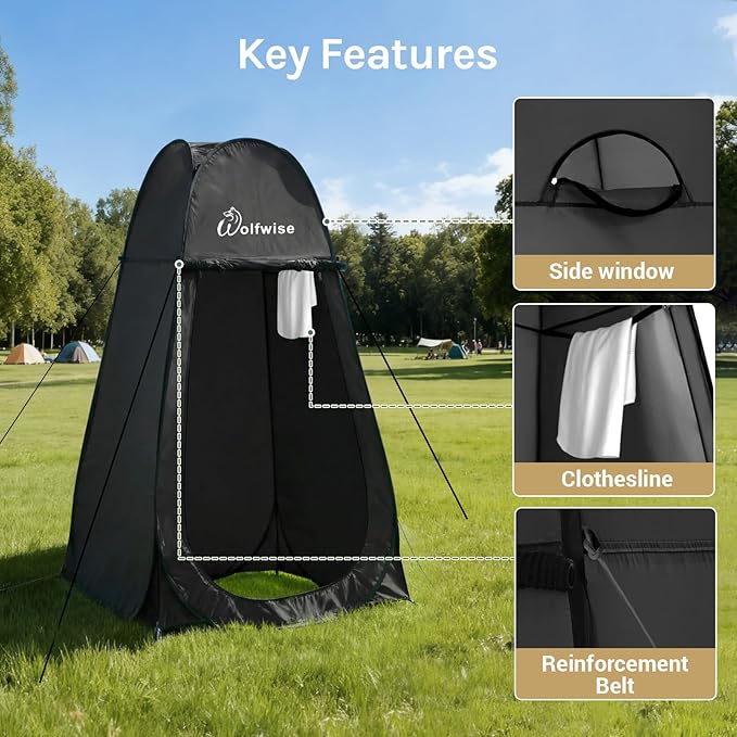 Wolfwise Pop Up Shower Tent, Portable Instant Changing Tent with Ventilation Window & Carry Bag, Privacy Bathroom Toilet for Beach, Camping & Outdoor, Width 40 ", Height 75 ", Black