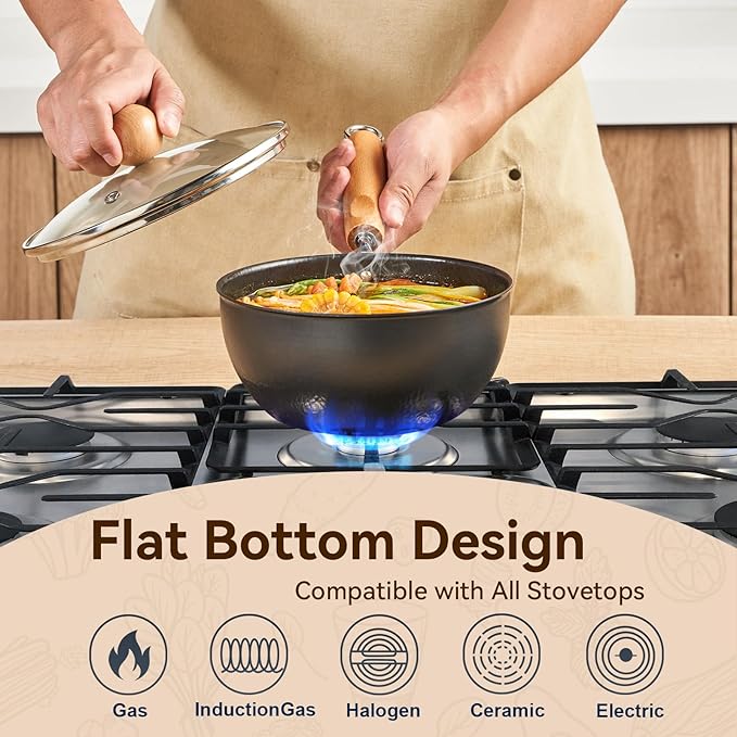 WANGYUANJI 1.5QT Iron Saucepan with Lid, Hammered Milk Pot for Boiling Ramen, Removable Wood Handle for Camping & Storage, Non-Coated Small Cookware for Single Serving, Induction Compatible