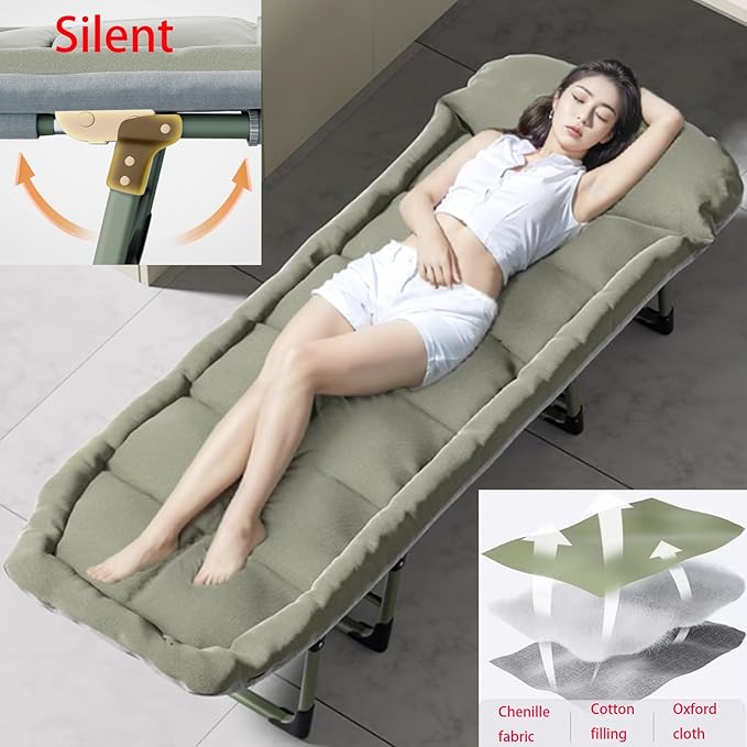 Folding Bed with Thick Cotton Mattress, 6-Position Adjustable with Side Pocket Single Person Portable Cot Chair for Bedroom Living Room Office, Outdoor Foldable Camping Cot(190 * 65 * 33cm)