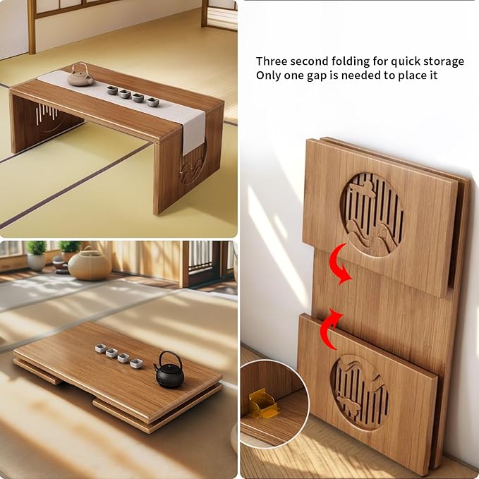 Japanese Folding Coffee Table, Foldable Low Coffee Tables, Bamboo Floor Table Desk for Sitting on The Floor, No Assembly, Portable Living Coffee Table (31.5Inch)