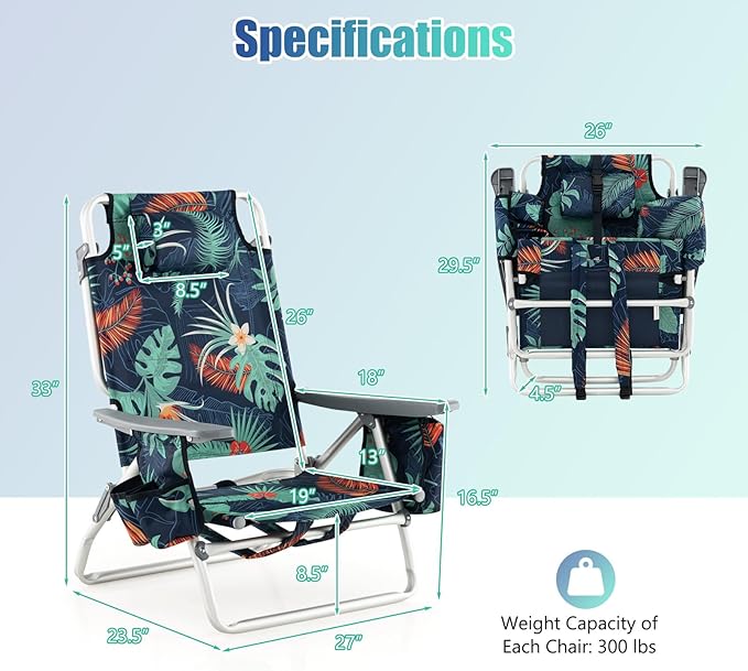 GYMAX Beach Chairs, Backpack Camping Chair with Armrest, Cooler Bag, Cup Holder, Towel Bar & Side Pockets, Sunbath Sling Tanning Lounge, Folding Layout Chair (4 Chairs Without Table, Flower)