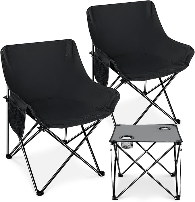 Leonyo 2 Pcs Portable Camping Chairs for Adults, Oversized Lawn Chair with Folding Camping Table for Outdoor Sports, Fishing, Rv Travel, Beach, Picnic – Black