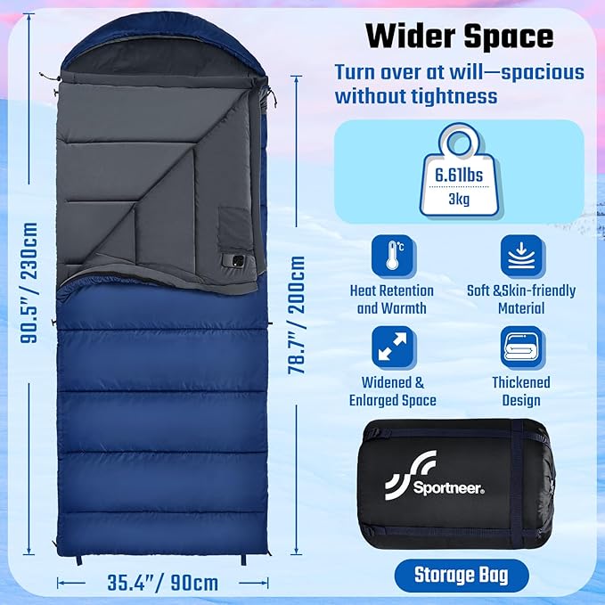 Sportneer 0 Degree Sleeping Bag, Crystal Velvet Fabric Lining XXL Winter Cold Weather Sleeping Bag, Big and Tall Zero Degree Camping, Detachable Hood Compression Sack