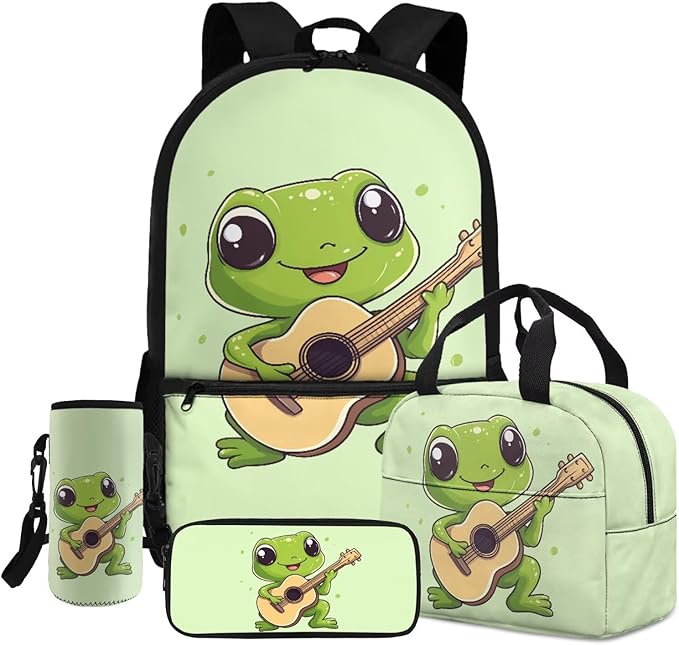 Frog Backpack Set for School with Lunch Box and Water Bottle Bag Kids Travel Backpack Boys Kindergarten Elementary Middle Lightweight Camping Travel Mochilas Escolares Para Niños