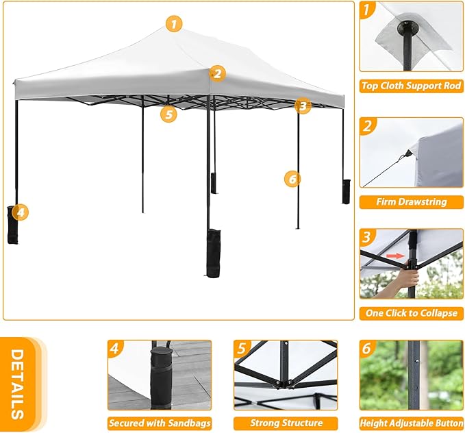 10x20fT Pop-Up Canopy Tent – Adjustable Height Outdoor Gazebo, Quick Setup with Sandbags, Ground Stakes & Ropes, Perfect for Outdoor Activities, White