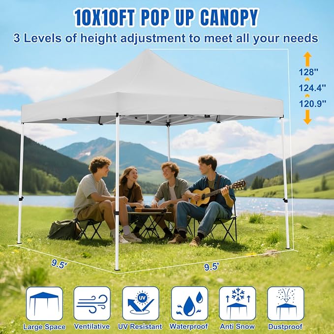 Yesker 10x10 Pop Up Canopy Tent with 4 Sidewalls Portable Folding Outdoor Canopy Easy Setup Gazebo Waterproof Instant Popup Shelter Tent w Wheel Carry Bag sandbags for Events Parties Camping, White