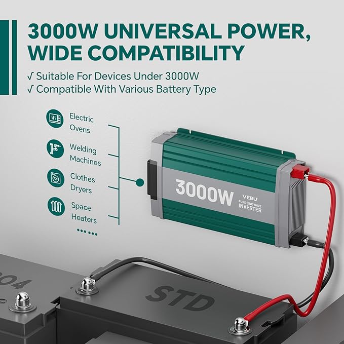 3000W Pure Sine Wave Inverter with ATS Mode, 12V DC to AC 120V Converter for Off-Grid System, RV, Truck, Camping, Peak 6000W