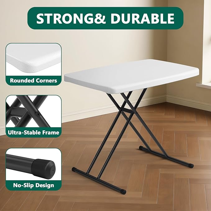 Folding Table 30 Inch - Small Desk Adjustable Height TV Tray for Laptop, Couch, Camping - Heavy Duty Utility Foldable Table for Small Spaces, No Assembly Required, Snowy Granite