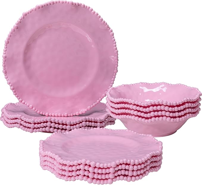 12 pcs Melamine Dinnerware Set, Elegant Scalloped Rim With Beaded Serving Plates and Bowls Sets of 4, Pearl Design Kitchen Dishes Dinner Set.Perfect for Girl's and Women's Parties,Gathering