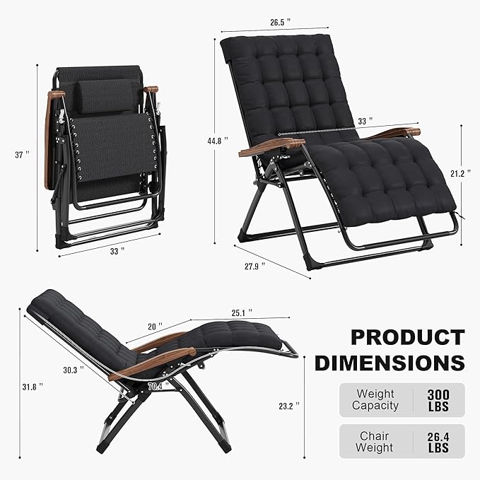 PURPLE LEAF Extra Wide Outdoor Reclining Chair Patio Zero Gravity Chaise Lounge Folding Chair with Removable Cushion Adjustable Headrest for Lawn Camping Beach Pool Black