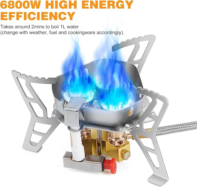 WADEO 6800W Windproof Camping Gas Stove, Small Camping Stove with Piezo Ignition, 1LB Propane Tank Adapter, Butane Adapter for Outdoor Cooking, Picnic, Camping and Hiking