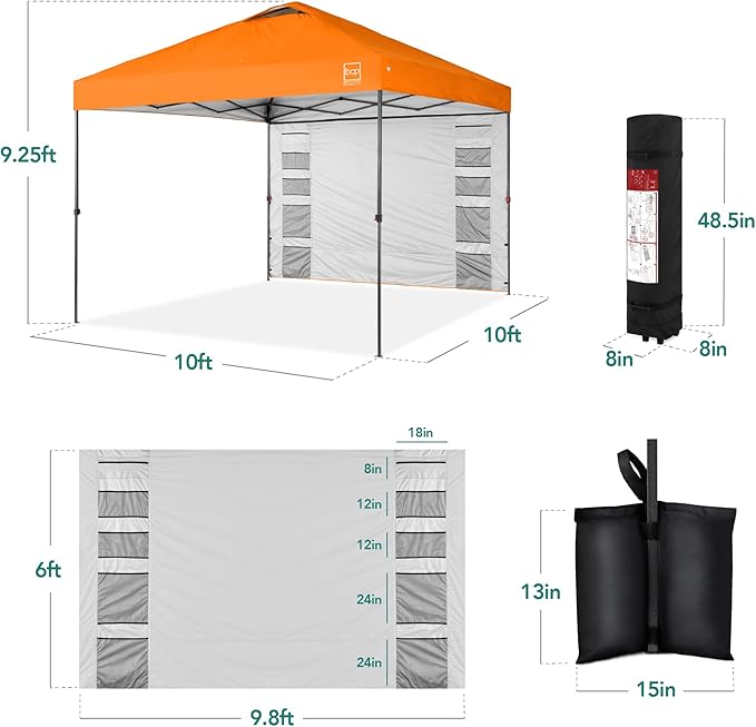 Best Choice Products 10x10ft Pop Up Canopy Tent with Sidewall, 1 Person 1 Minute Set Up, Carry Case, 4 Weight Bags - Orange