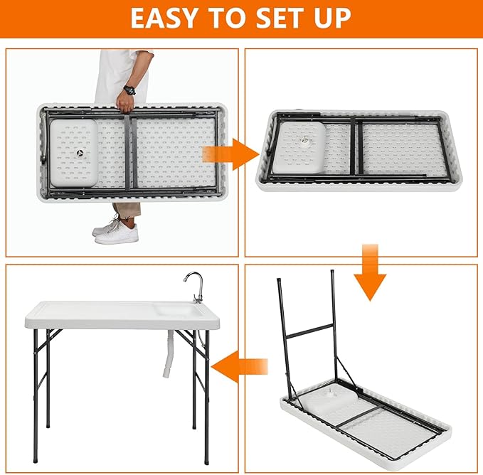 Portable Camping Folding Fish Cleaning Table with Sink & 360-Degree Rotatable Stainless Steel Faucet, Drainage Hose Included - Outdoor Fillet Table for Picnic, Beach & Patio