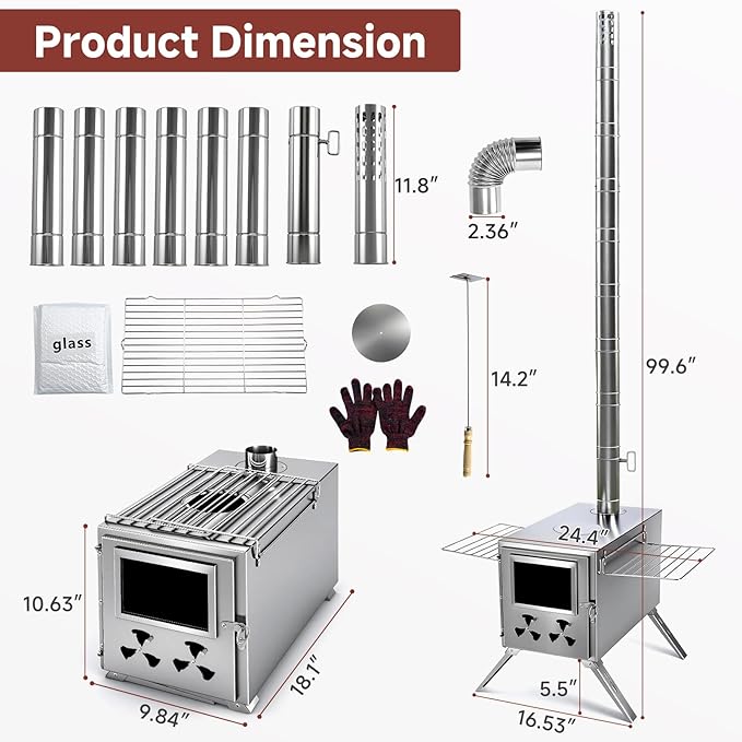 H&ZT Large Hot Tent Stove, Upgraded Wood Burning Stove with 9 Chimney Pipes, Portable Camping Heater for Cooking, Hunting & Winter Warmth