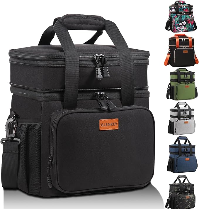 Expandable Insulated Large Lunch Box, Double Deck Heavy Duty Durable Lunch Bag Leakproof Cooler Bags for Men Women Adults Work Shift Flight Beach Daytrip, 20 Can, Black, GLENKEY
