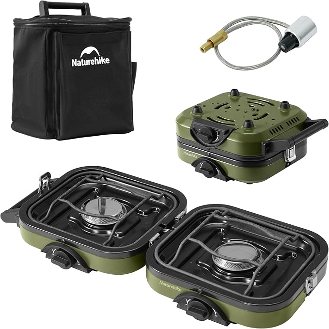 Naturehike 2 Burner Folding Camping Stove, Portable Propane Gas Stove with Carry Bag, 16000 BTU High-Performance Camp Stove with ETL Certification, Adjustable Burners & Piezo Ignition