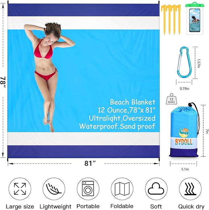 BYDOLL Beach Blanket 78''X81'' Waterproof Sandproof Suits1-4 Adults Oversized Lightweight Large Blanket Picnic Mat for Beach Sand Free Travel Camping Hiking Picnic